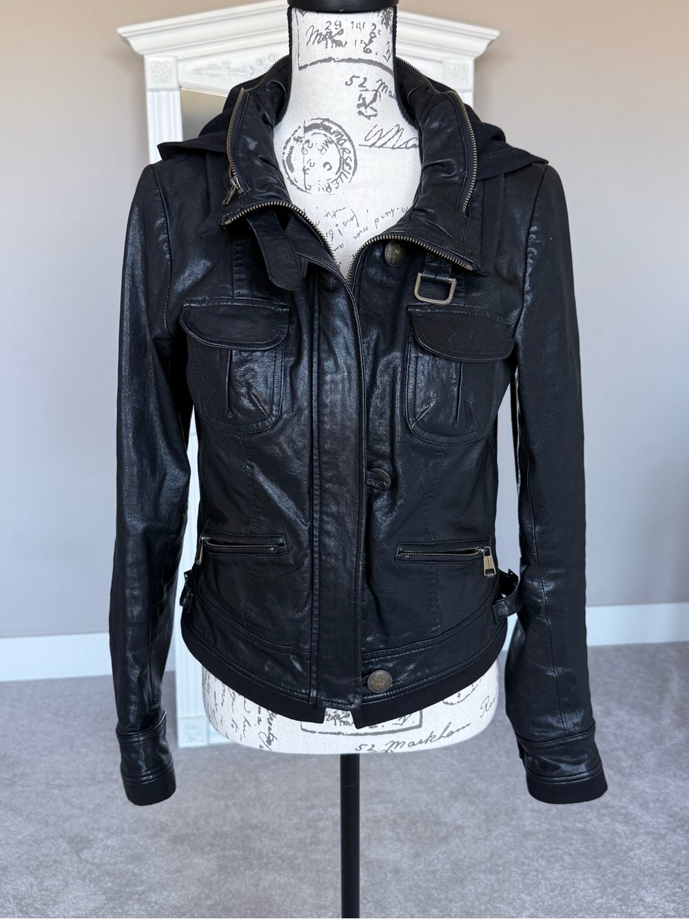 Black Andrew Marc Genuine Leather Moto Utility Jacket - Small w/ Hood